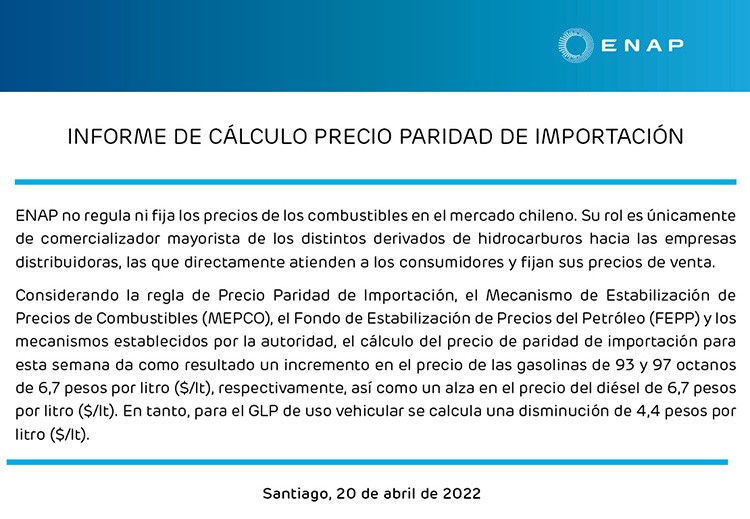 Informe de cálculo precio paridad de importación de las bencinas de Enap.
